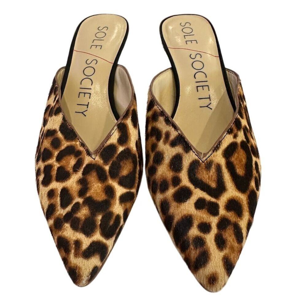 Sole Society woman’s Leopard Print Mule Heels Size 6.5 Pointed Toe Slip-On Chic